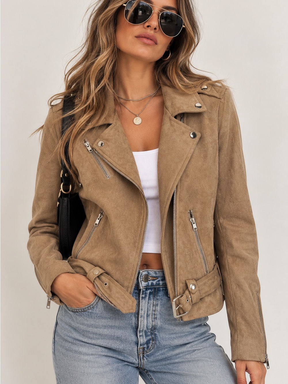 Olivaceous Faux Suede Moto Jacket Taupe Tan Biker Western size Large boho belt